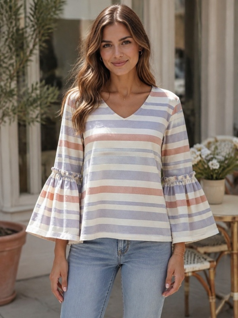 Madewell Pastel Striped V-Neck Bell Sleeve Cotton Top XS
